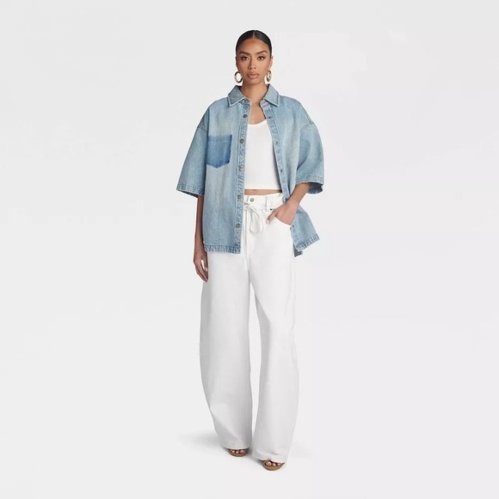 KBB KAHLANA Target 2X Plus Short Sleeve Boxy Denim Shirt Light Wash Jean Jacket - Picture 9 of 9
